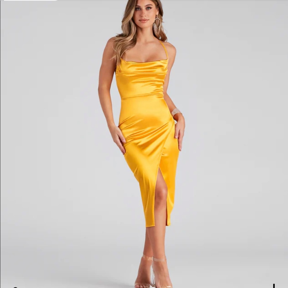 WINDSOR Lillyanne formal satin asymmetrical midi dress